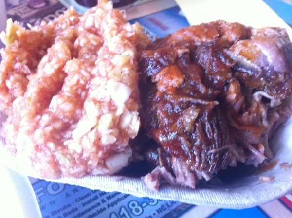 On the left, the red slaw. On the right, the outside brown. 